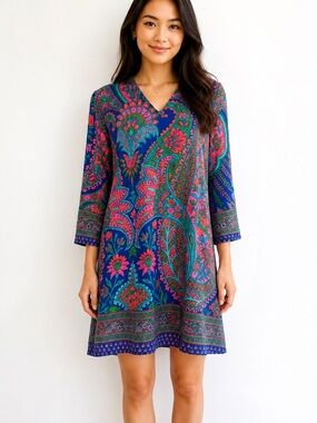 Paisley V-Neck Tunic Top - Blue & Pink